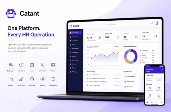 Graphic for Catant, an open-source HR and workforce management platform, showcasing its software interface across a laptop and a mobile smartphone